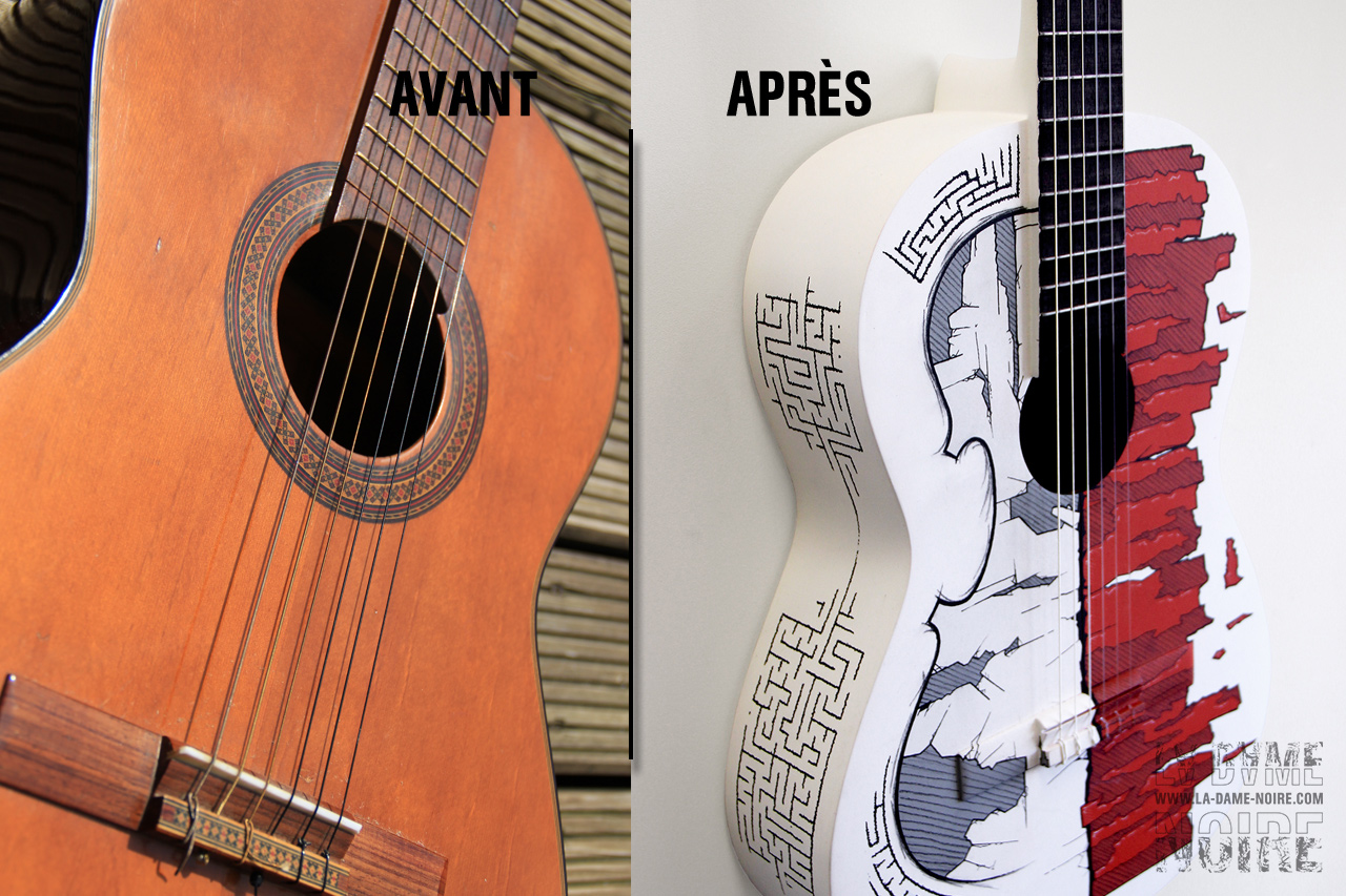 The before and after of the body of the guitar