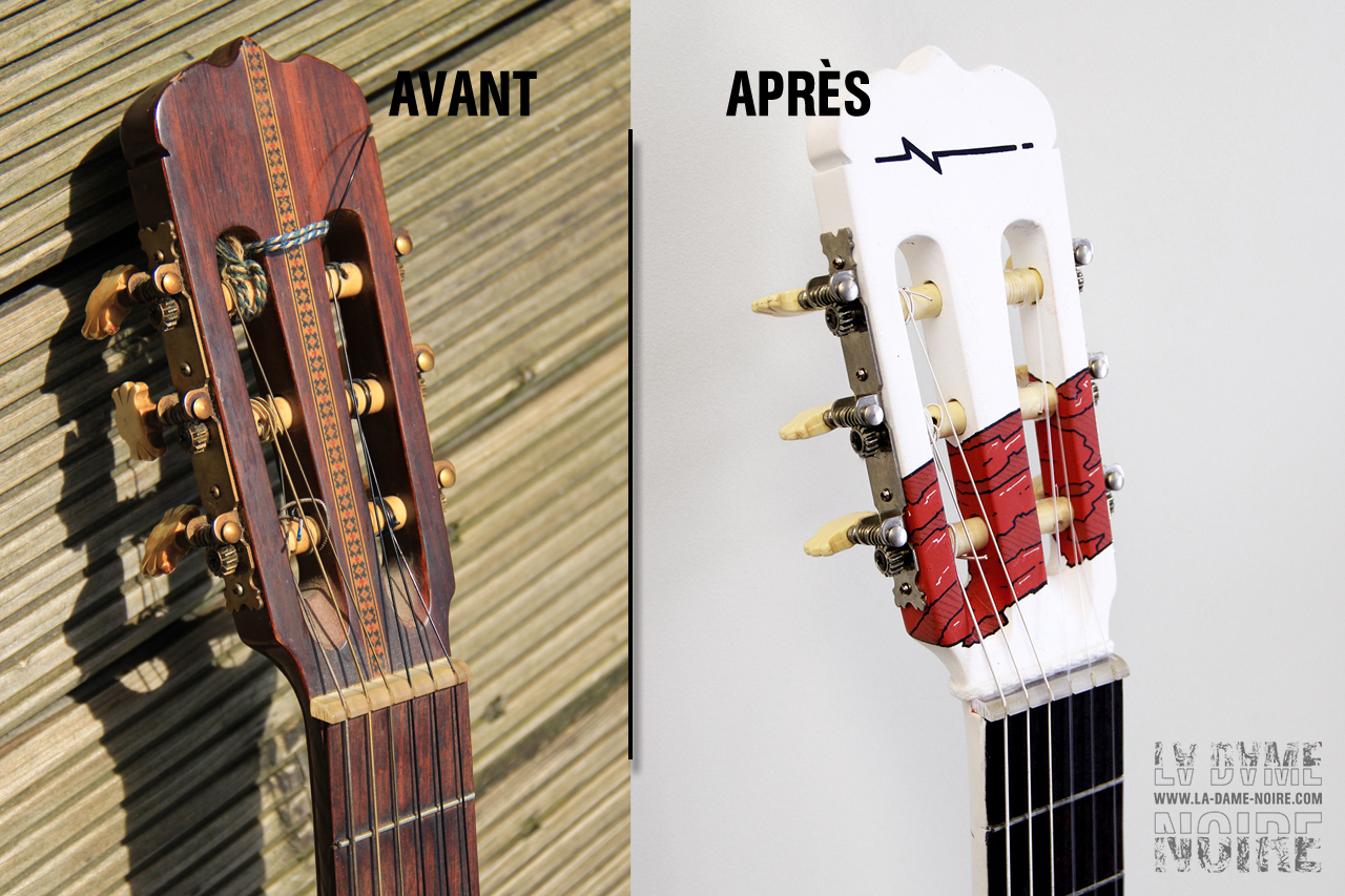 The before and after of the head of the guitar
