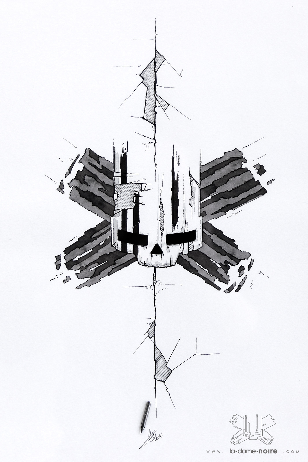 Drawing of a stylized skull made with a quill and black china ink