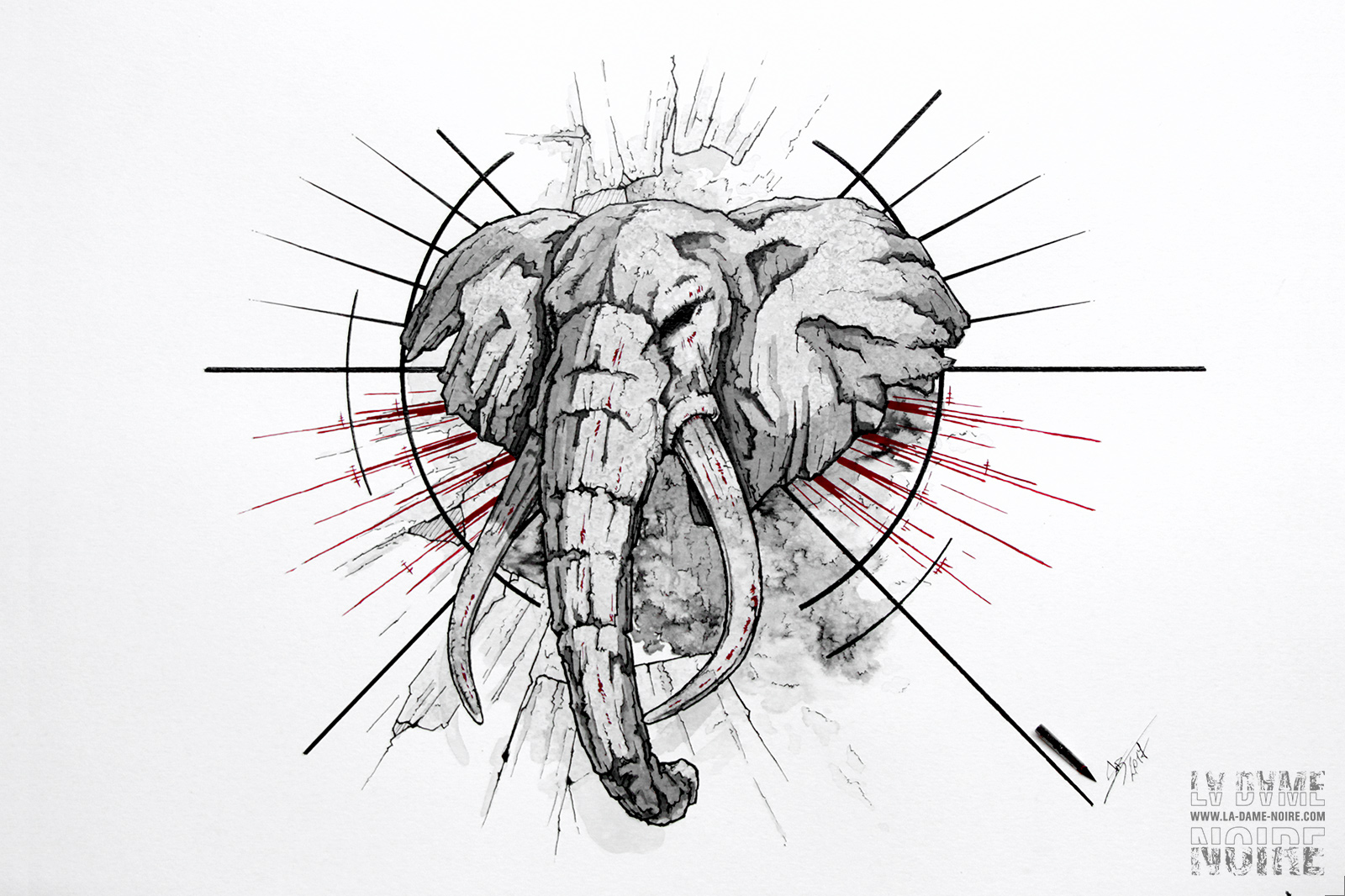 Dessin à l'encre de chine d'un éléphant en noir et blanc avec des touches de rouge