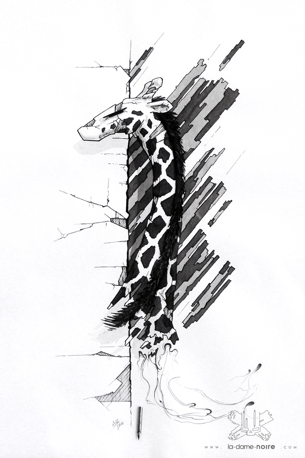 Drawing with china ink of a Giraffe