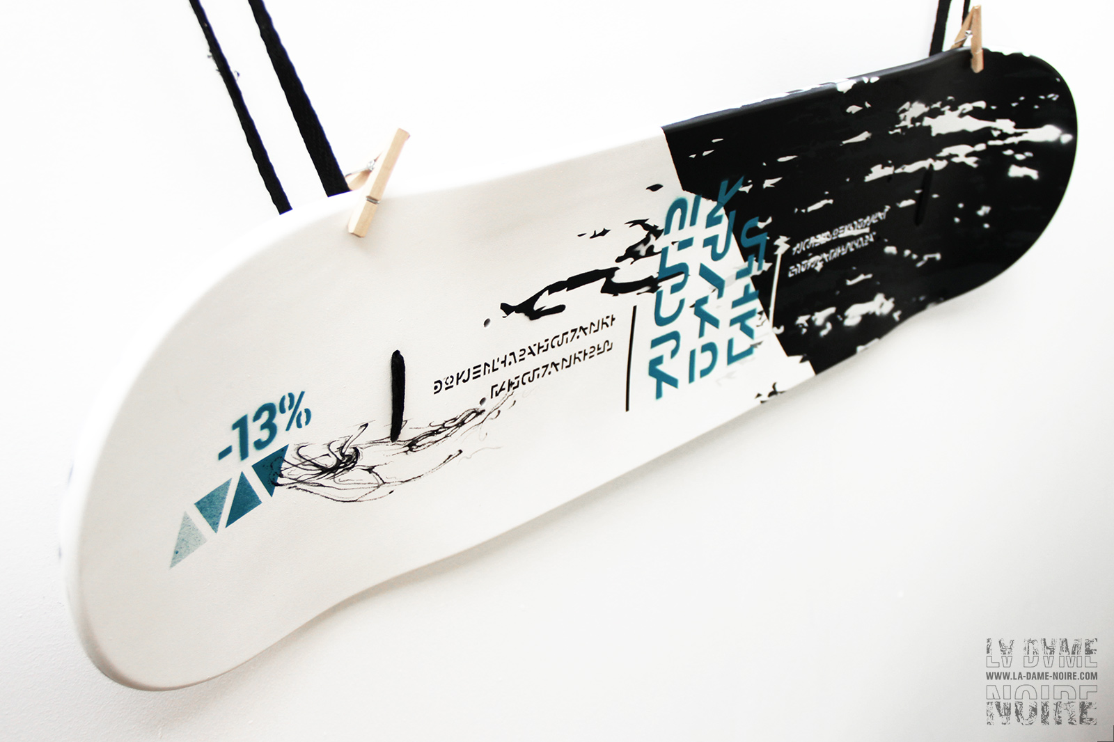 Details of the skateboard with blue graphic shapes