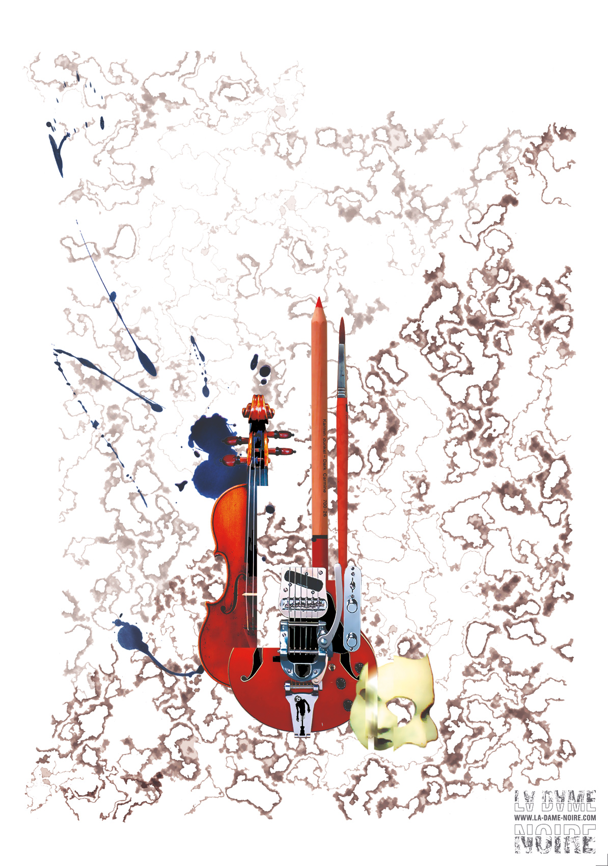 Graphic Artwork with a violin, a guitare, a mask, a brush and pencil